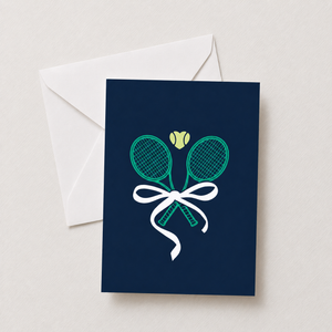 Crossed Tennis Racket and Bows Navy Greeting Card