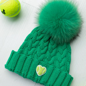 Cable Knit Fox Pom Hat Chenille Heart
