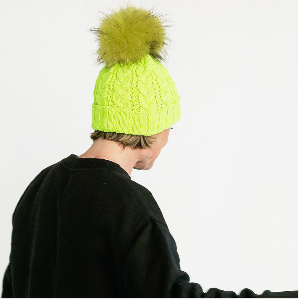 Cable Knit Raccoon Fur Pom Pom Hat