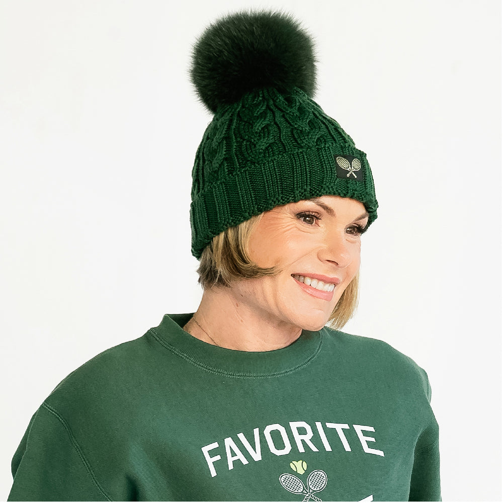 Cable Knit Fox Fur Pom Hat