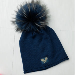 Glossy Raccoon Fur Pom Pom Hat