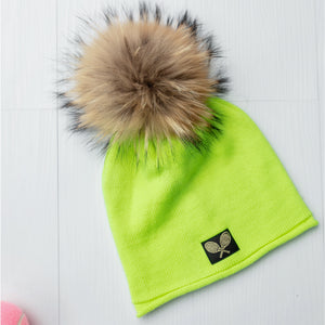 Glossy Raccoon Fur Pom Pom Hat